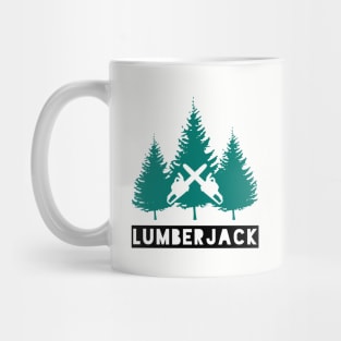 Lumberjack Green Trees, Black Text and Crossed Chainsaws Mug